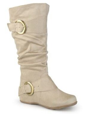 Beige Slouch Knee-High Boots with Buckle wide 8.5